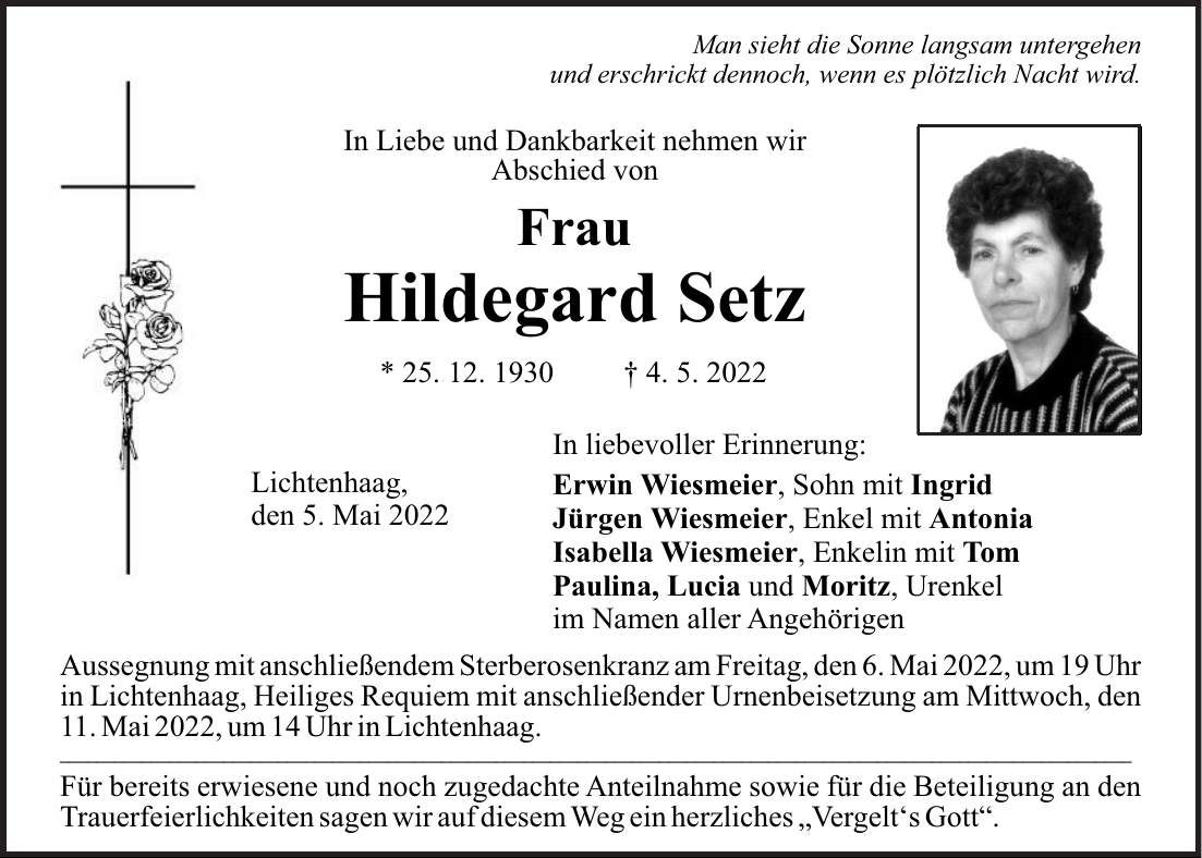 Traueranzeige Hildegard Setz