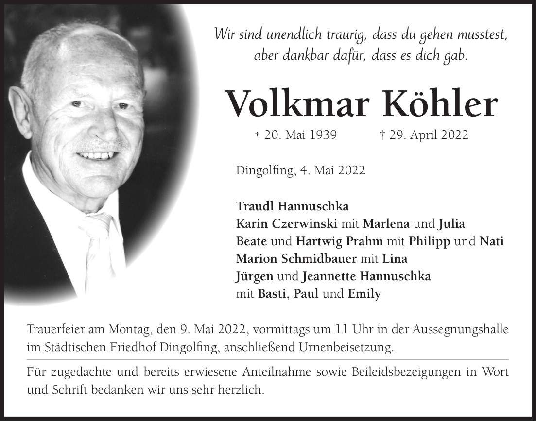 Traueranzeige Volkmar Köhler