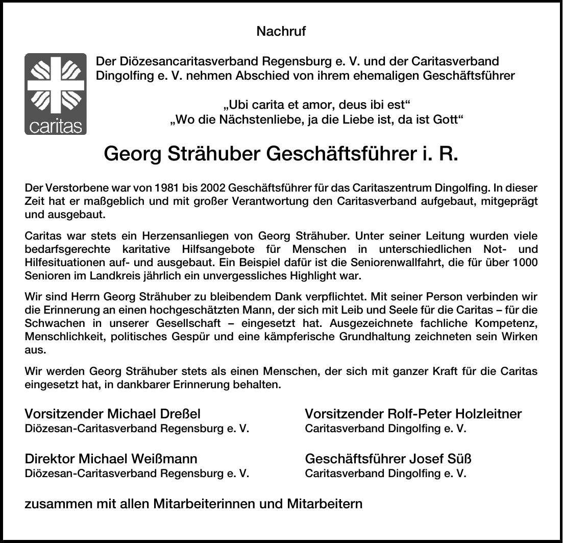 Traueranzeige Georg Strähuber