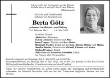 Traueranzeige Berta Götz