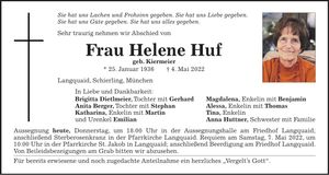 Traueranzeige Helene Huf