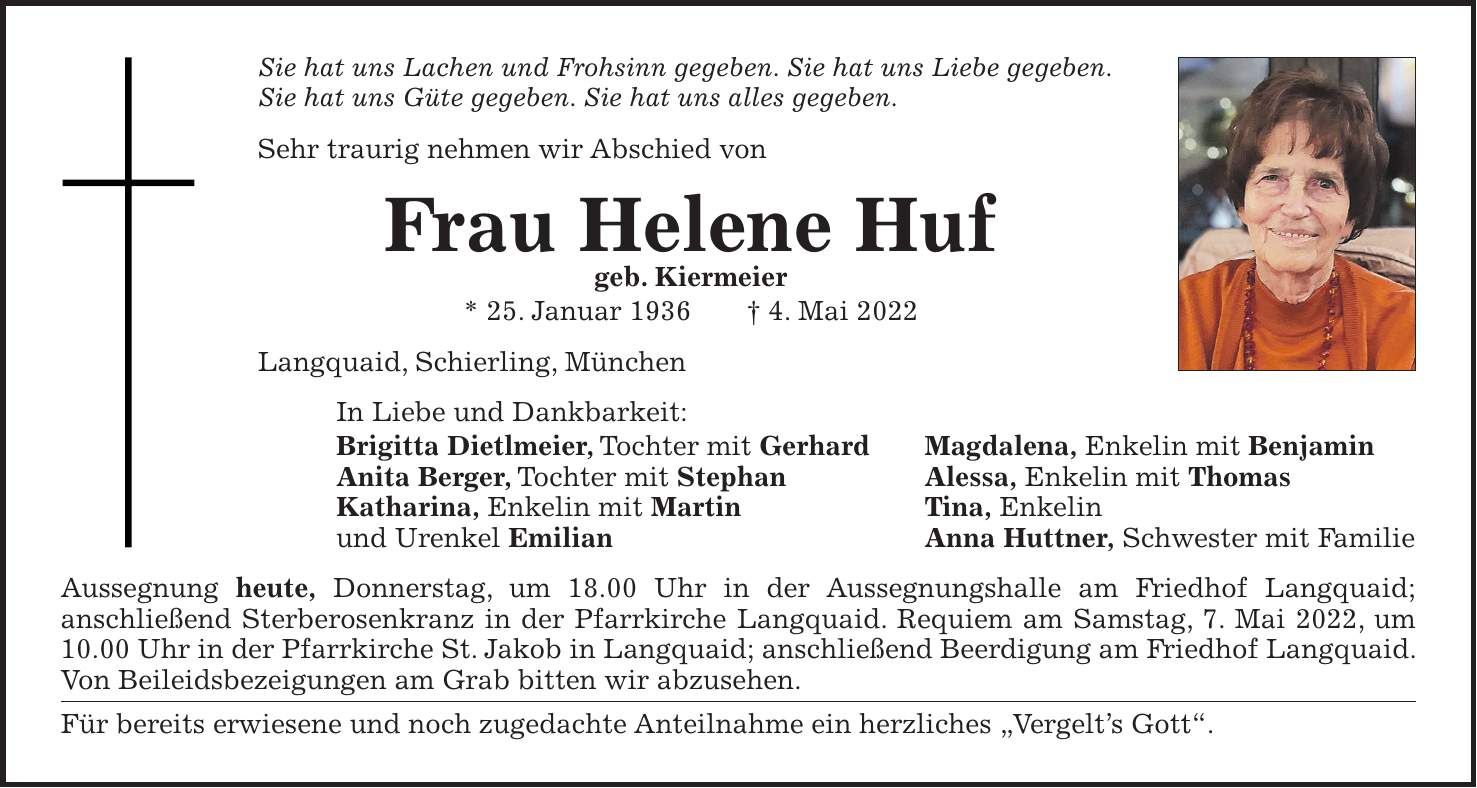 Traueranzeige Helene Huf