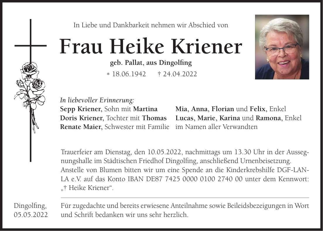 Traueranzeige Heike Kriener