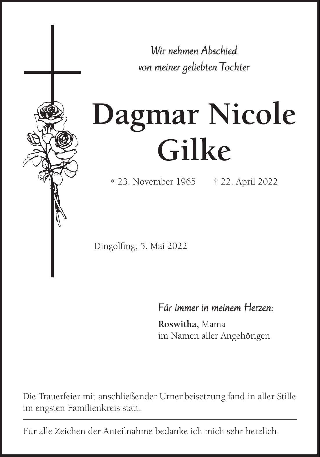 Traueranzeige Dagmar Nicole Gilke