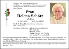 Traueranzeige Helena Schötz