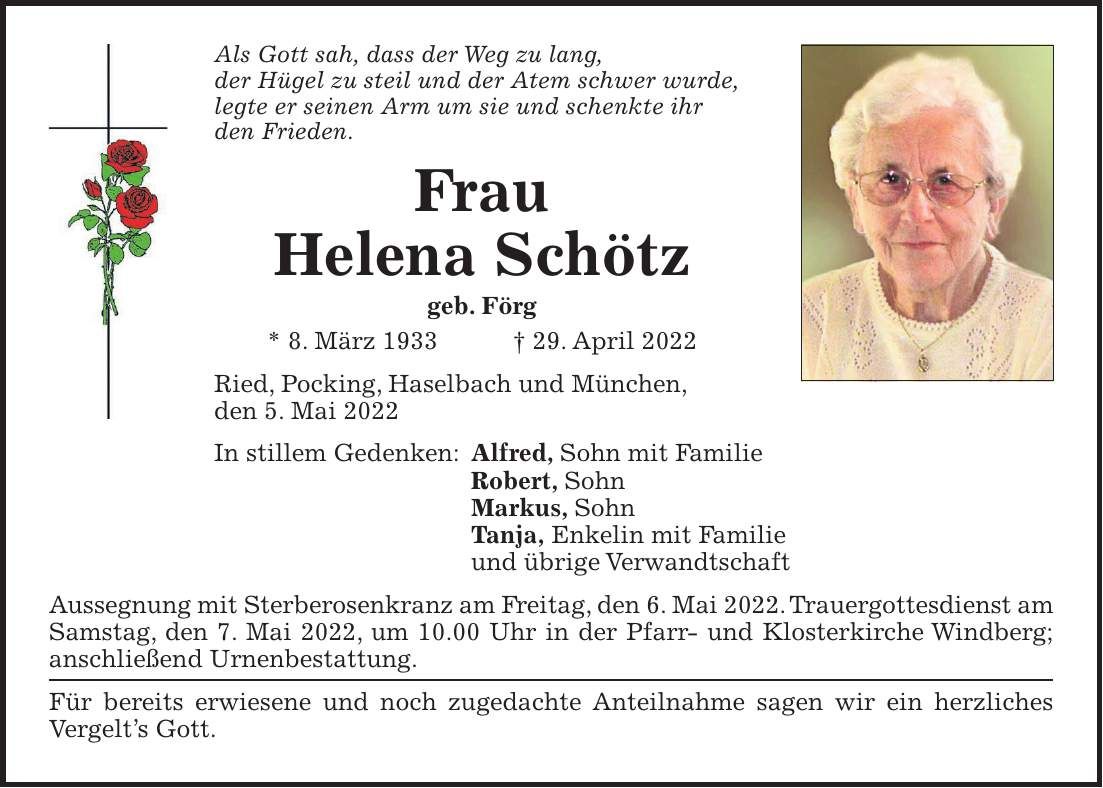 Traueranzeige Helena Schötz