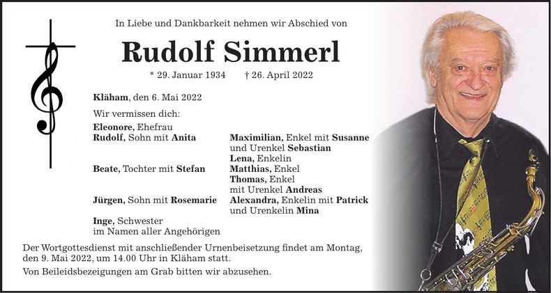 Traueranzeige Rudolf Simmerl