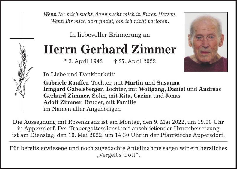 Traueranzeige Georg Zimmer