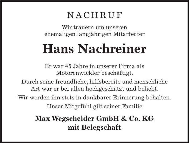 Traueranzeige Hans Nachreiner