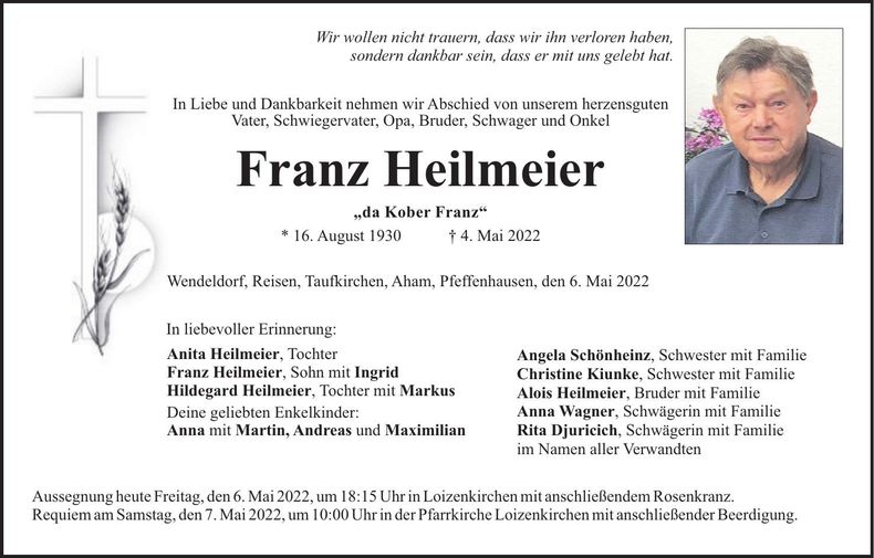 Traueranzeige Franz Heilmeier