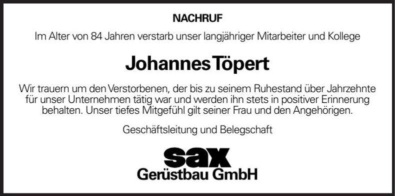 Traueranzeige Johannes Töpert