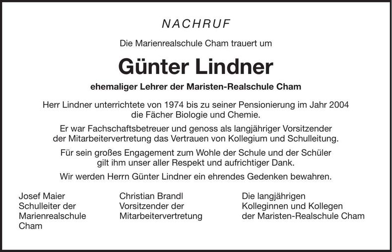 Traueranzeige Günter Lindner