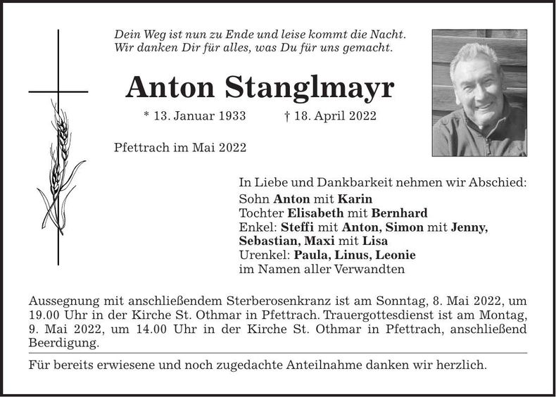 Traueranzeige Anton Stanglmayr