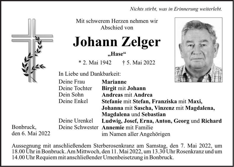Traueranzeige Johann Zelger