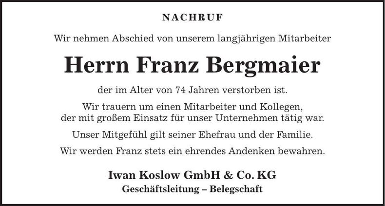 Traueranzeige Franz Bergmaier