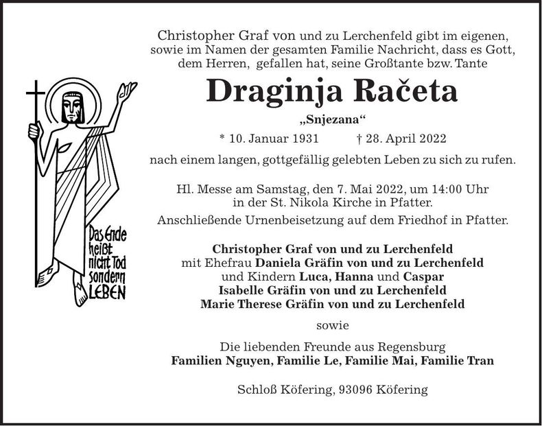 Traueranzeige Draginja Raceta