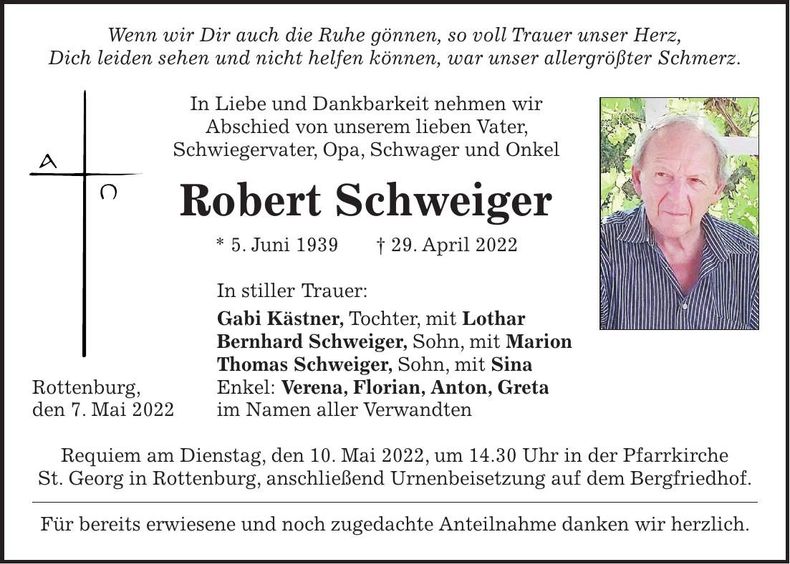 Traueranzeige Robert Schweiger