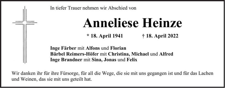 Traueranzeige Anneliese Heinze