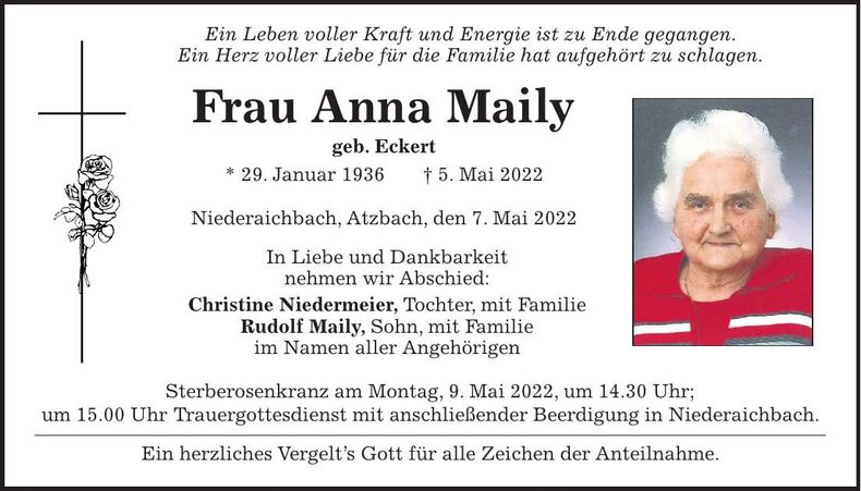 Traueranzeige Anna Maily
