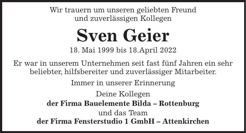 Traueranzeige Sven Geier