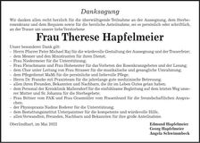 Traueranzeige Therese Hapfelmeier