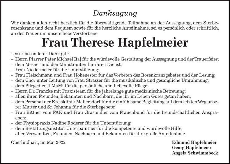 Traueranzeige Therese Hapfelmeier