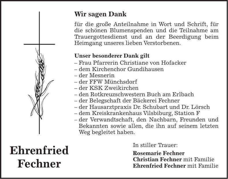 Traueranzeige Ehrenfried Fechner