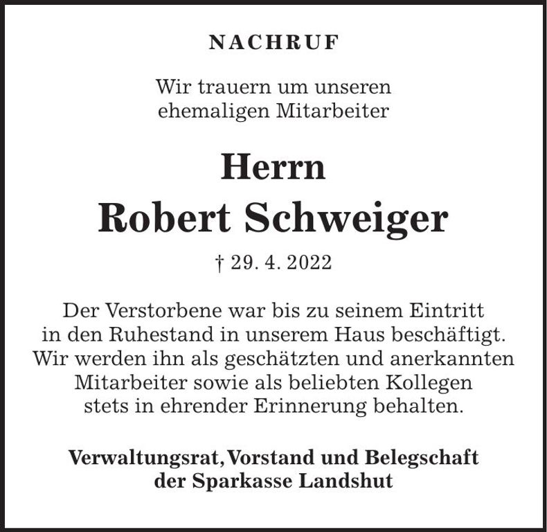 Traueranzeige Robert Schweiger