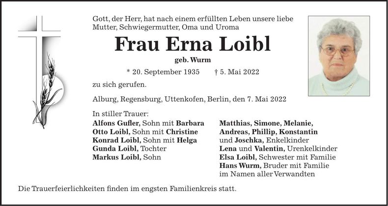 Traueranzeige Erna Loibl