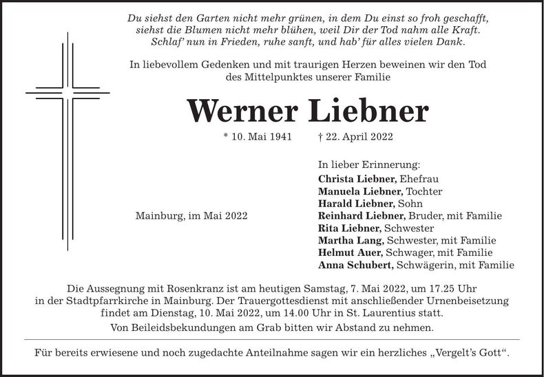 Traueranzeige Werner Liebner