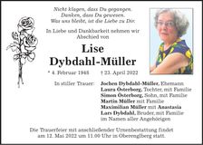 Traueranzeige Lise Dybdal-Müller