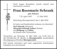Traueranzeige Rosemarie Schrank
