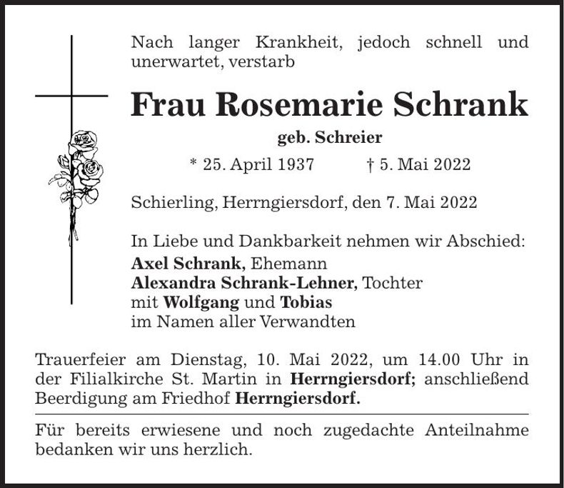 Traueranzeige Rosemarie Schrank