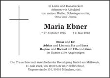 Traueranzeige Maria Ebner