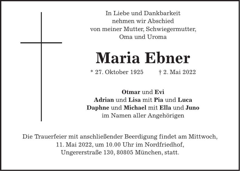 Traueranzeige Maria Ebner