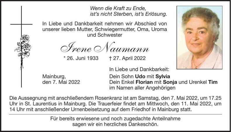 Traueranzeige Irene Naumann