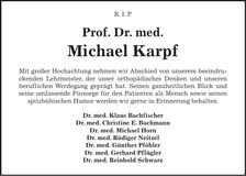Traueranzeige Michael Prof. Dr. med. Karpf