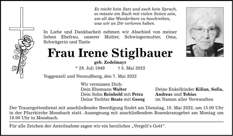 Traueranzeige Irene Stiglbauer