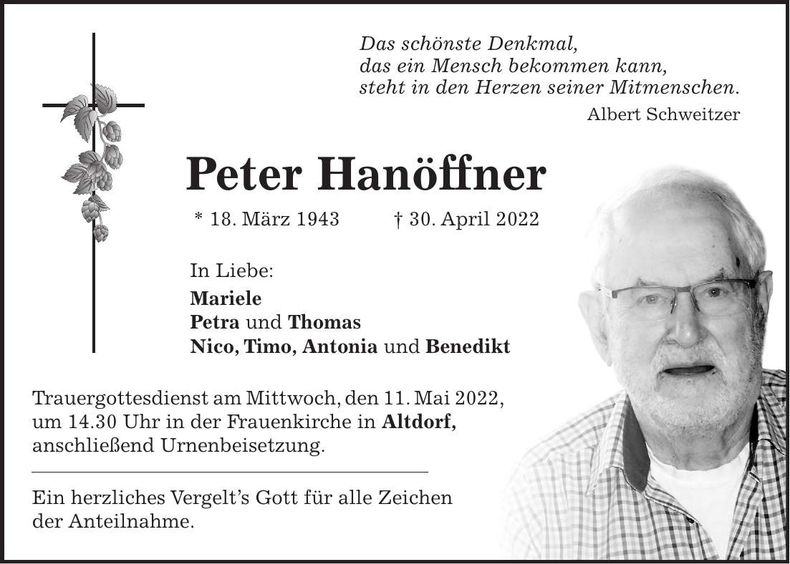 Traueranzeige Peter Hanöffner