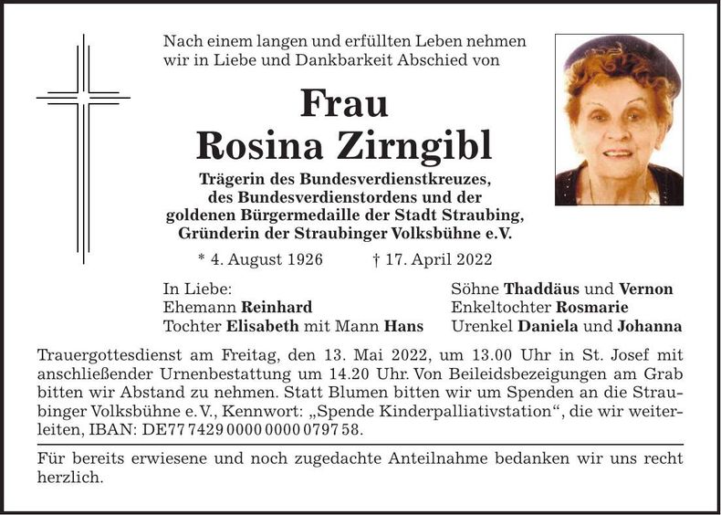 Traueranzeige Rosina Zirngibl