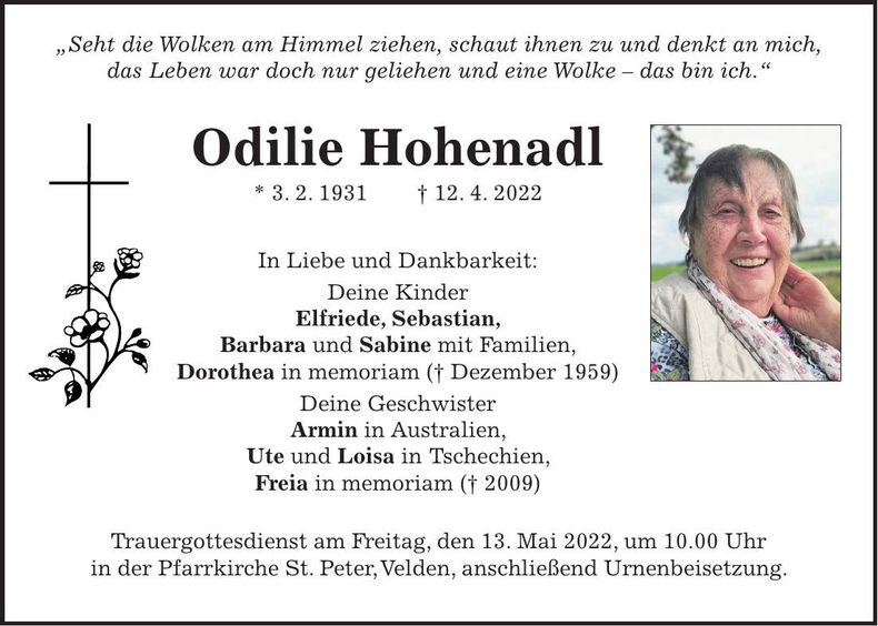 Traueranzeige Odilie Hohenadl