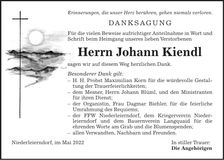 Traueranzeige Johann Kiendl