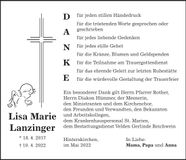 Traueranzeige Lisa Marie Lanzinger
