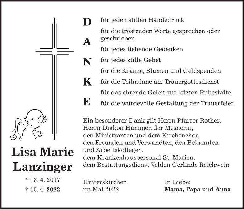 Traueranzeige Lisa Marie Lanzinger