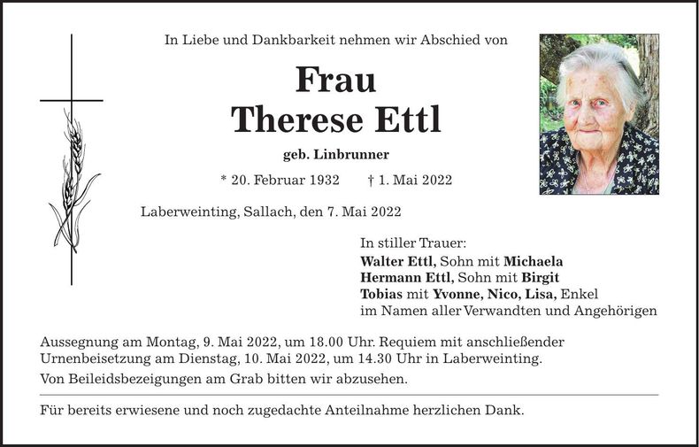 Traueranzeige Therese Ettl