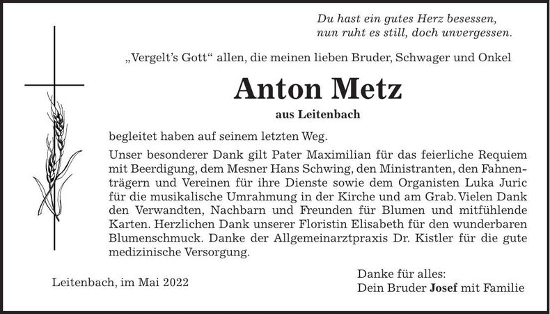 Traueranzeige Anton Metz