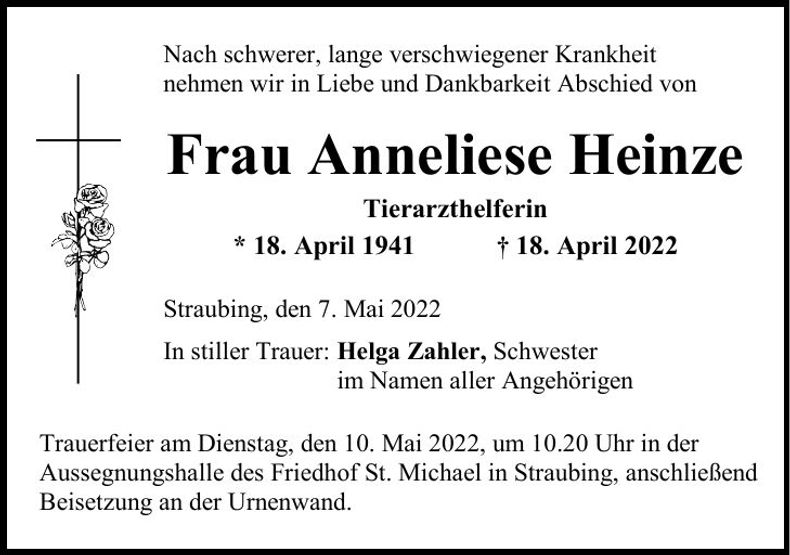 Traueranzeige Anneliese Heinze