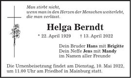 Traueranzeige Helga Berndt