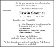 Traueranzeige Erwin Stauner