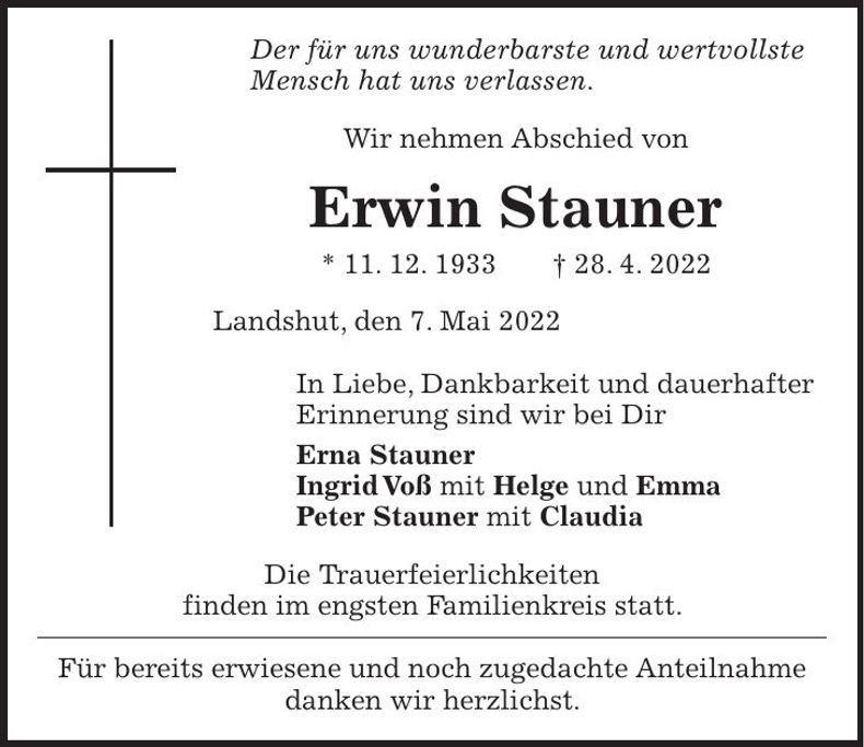 Traueranzeige Erwin Stauner